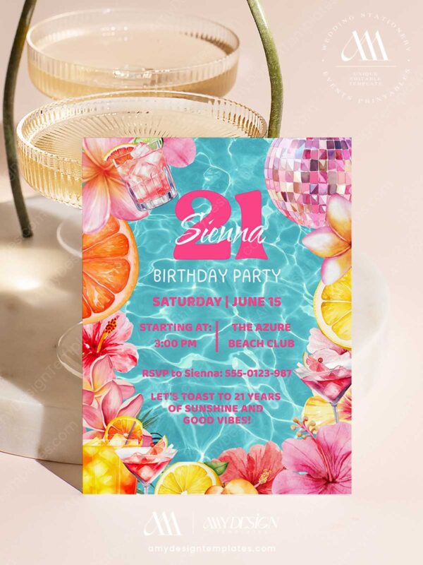 Vibrant Yellow Pink Floral Tropical Disco Birthday Invitation Card | Summer Hibiscus Party Canva Editable Template Tropical Beach Club Birthday Invitation Template Printable | Cocktail Pool Party Invite Card Editable