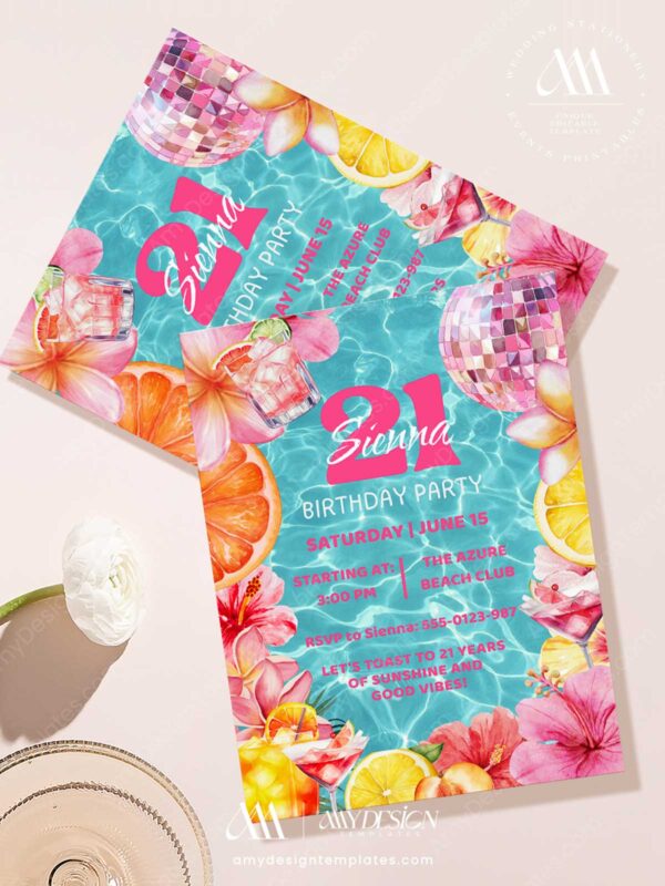 Tropical Beach Club Birthday Invitation Template Printable | Cocktail Pool Party Invite Card Editable