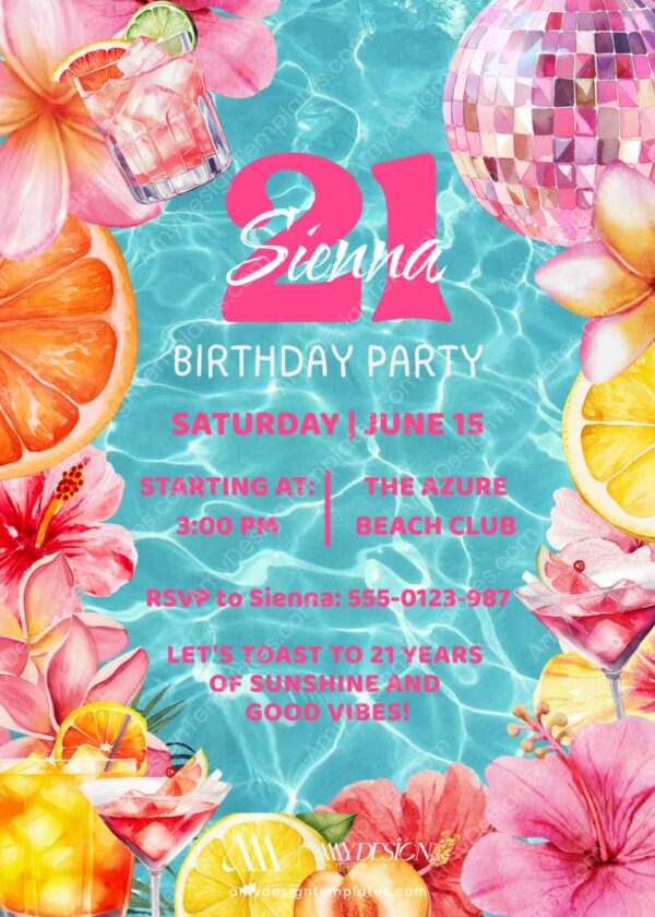 Tropical Beach Club Birthday Invitation Template Printable | Cocktail Pool Party Invite Card Editable