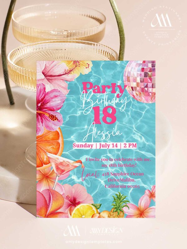 Tropical Pink Martini Poolside Birthday Invitation Template Canva | Glam Disco Ball 18th Birthday Invite Editable