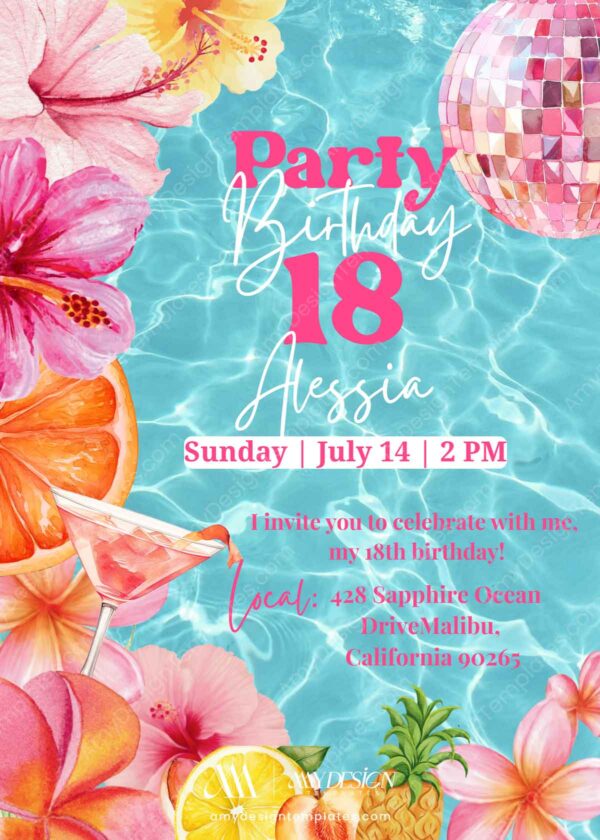 Tropical Pink Martini Poolside Birthday Invitation Template Canva | Glam Disco Ball 18th Birthday Invite Editable