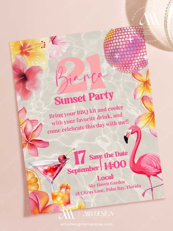 Tropical Flamingo Sunset Party Birthday Invitation | Cocktail Pool Bash Party Invite Canva Editable Template