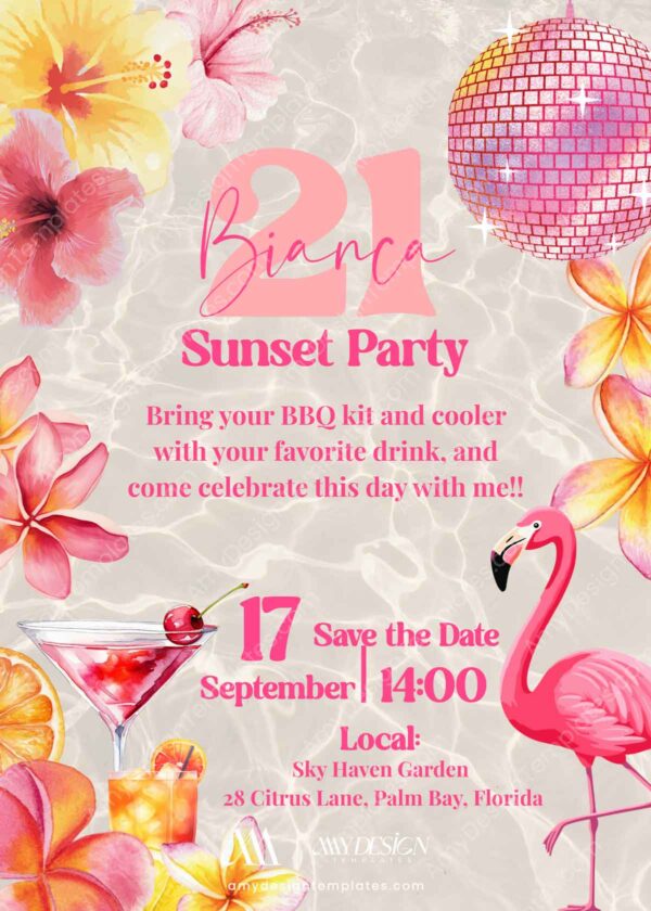 Tropical Flamingo Sunset Party Birthday Invitation | Cocktail Pool Bash Party Invite Canva Editable Template