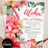 Tropical Flamingo Aloha Birthday Invitation Canva Template | Hibiscus Cocktail Summer Birthday Party Invite Card Editable
