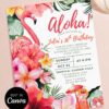 Tropical Flamingo Aloha Birthday Invitation Canva Template | Hibiscus Cocktail Summer Birthday Party Invite Card Editable