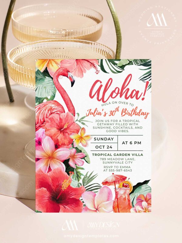 Vibrant Yellow Pink Floral Tropical Disco Birthday Invitation Card | Summer Hibiscus Party Canva Editable Template Tropical Flamingo Aloha Birthday Invitation Canva Template | Hibiscus Cocktail Summer Birthday Party Invite Card Editable