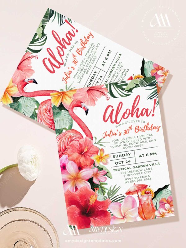 Tropical Flamingo Aloha Birthday Invitation Canva Template | Hibiscus Cocktail Summer Birthday Party Invite Card Editable