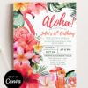 Tropical Flamingo Aloha Birthday Invitation Canva Template | Hibiscus Cocktail Summer Birthday Party Invite Card Editable