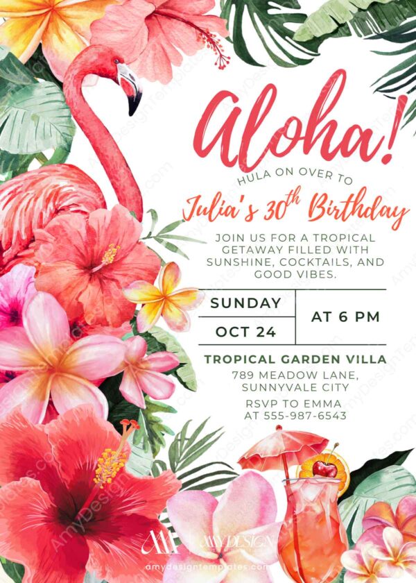 Tropical Flamingo Aloha Birthday Invitation Canva Template | Hibiscus Cocktail Summer Birthday Party Invite Card Editable