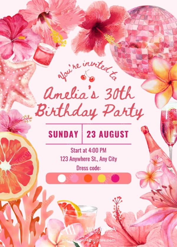 Vibrant & Exotic Tropical Disco Birthday Invitation | Summer Beach Floral Canva Editable Template