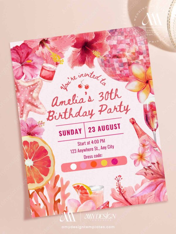 Vibrant & Exotic Tropical Disco Birthday Invitation | Summer Beach Floral Canva Editable Template