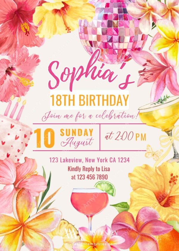 Vibrant Yellow Pink Floral Tropical Disco Birthday Invitation Card | Summer Hibiscus Party Canva Editable Template