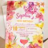 Vibrant Yellow Pink Floral Tropical Disco Birthday Invitation Card | Summer Hibiscus Party Canva Editable Template