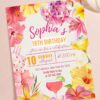 Vibrant Yellow Pink Floral Tropical Disco Birthday Invitation Card | Summer Hibiscus Party Canva Editable Template