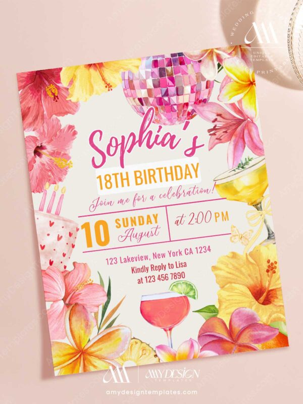 Vibrant Yellow Pink Floral Tropical Disco Birthday Invitation Card | Summer Hibiscus Party Canva Editable Template Vibrant Yellow Pink Floral Tropical Disco Birthday Invitation Card | Summer Hibiscus Party Canva Editable Template