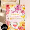Vibrant Yellow Pink Floral Tropical Disco Birthday Invitation Card | Summer Hibiscus Party Canva Editable Template