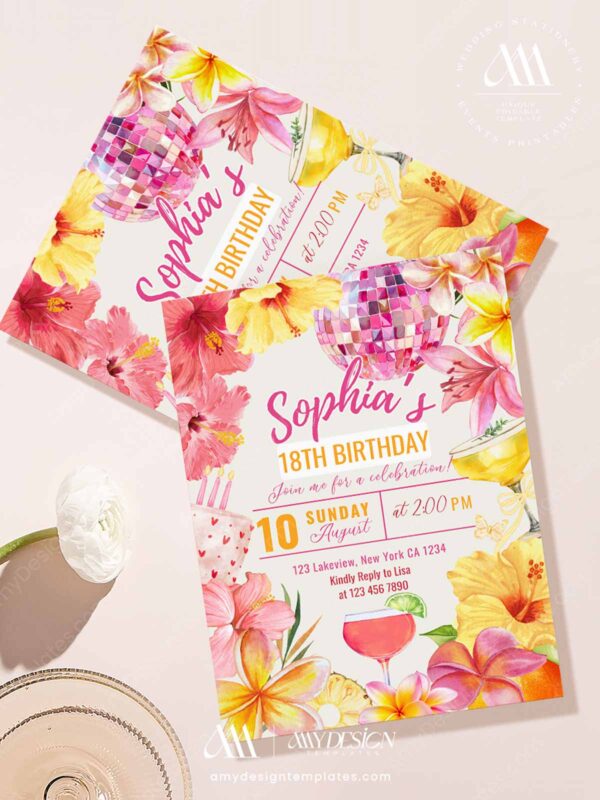 Vibrant Yellow Pink Floral Tropical Disco Birthday Invitation Card | Summer Hibiscus Party Canva Editable Template