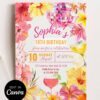 Vibrant Yellow Pink Floral Tropical Disco Birthday Invitation Card | Summer Hibiscus Party Canva Editable Template