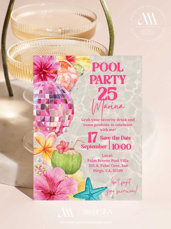 Energetic Tropical Disco Pool Party Invitation | Summer Birthday Splash Invite Card Canva Editable Template