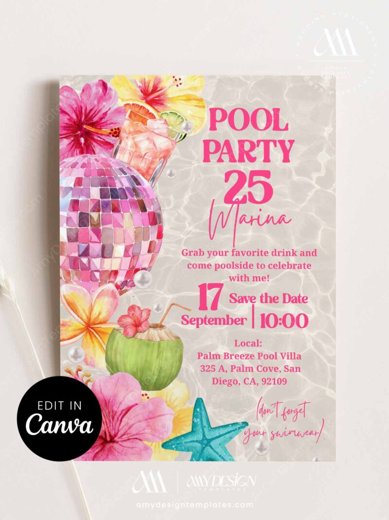 Energetic Tropical Disco Pool Party Invitation | Summer Birthday Splash ...