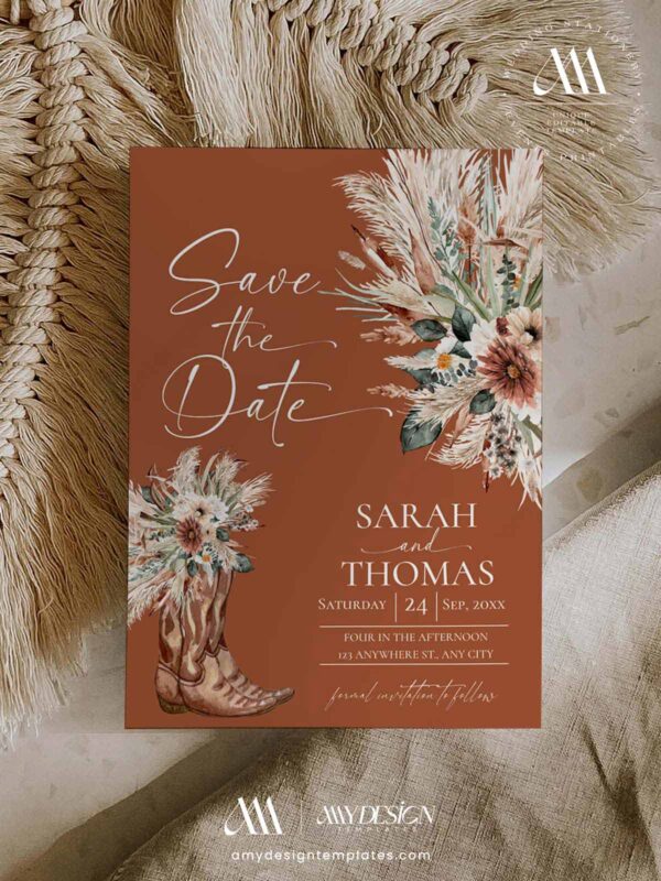 Rustic Western Terracotta Save the Date with Photo Template | Cowboy Boot Bohemian Wedding Engagement Card