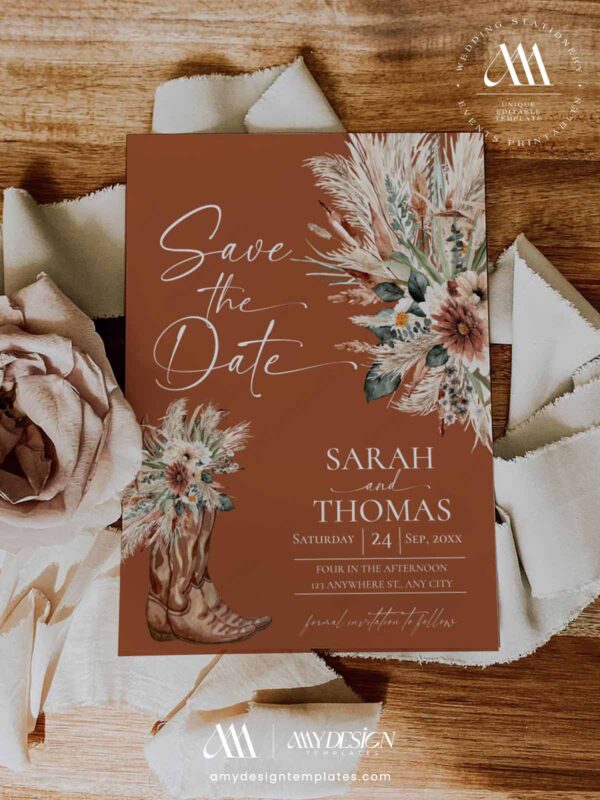 Rustic Western Terracotta Save the Date with Photo Template | Cowboy Boot Bohemian Wedding Engagement Card