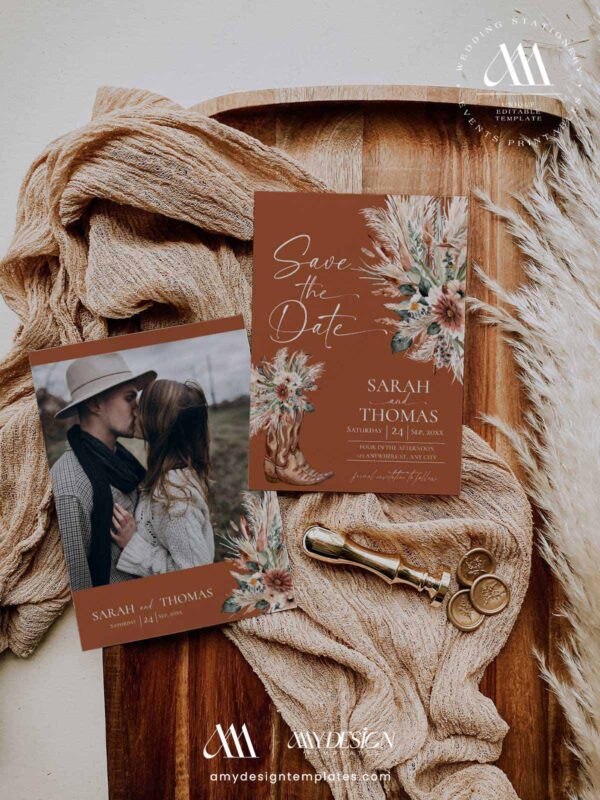 Rustic Western Terracotta Save the Date with Photo Template | Cowboy Boot Bohemian Wedding Engagement Card