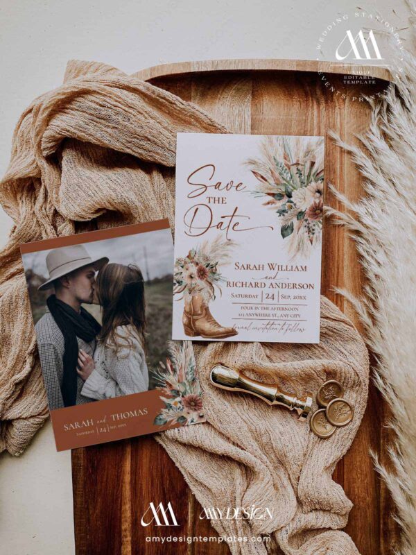 Western Cowboy Boot Boho Save the Date Card Template | Rustic Terracotta Wedding Save the Dates with Photo