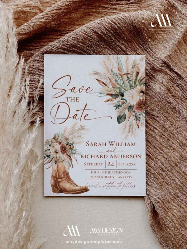 Western Cowboy Boot Boho Save the Date Card Template | Rustic Terracotta Wedding Save the Dates with Photo
