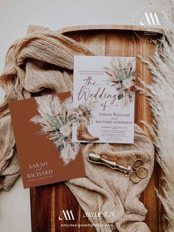 Rustic Western Wedding Invitation Template | Terracotta Fall Wedding Invite Card | Boho Cowboy Boots Pampas Grass