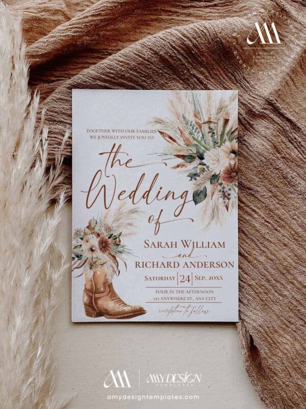 Rustic Western Wedding Invitation Template | Terracotta Fall Wedding Invite Card | Boho Cowboy Boots Pampas Grass
