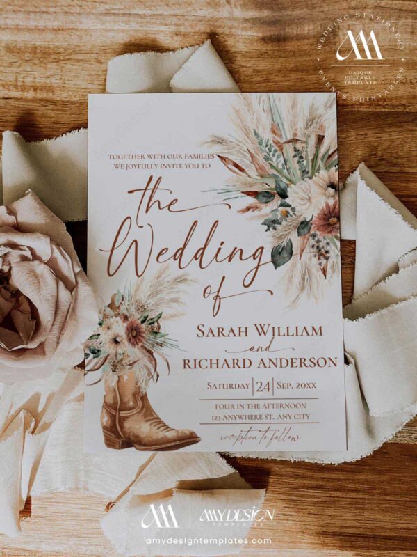 Rustic Western Wedding Invitation Template | Terracotta Fall Wedding Invite Card | Boho Cowboy Boots Pampas Grass