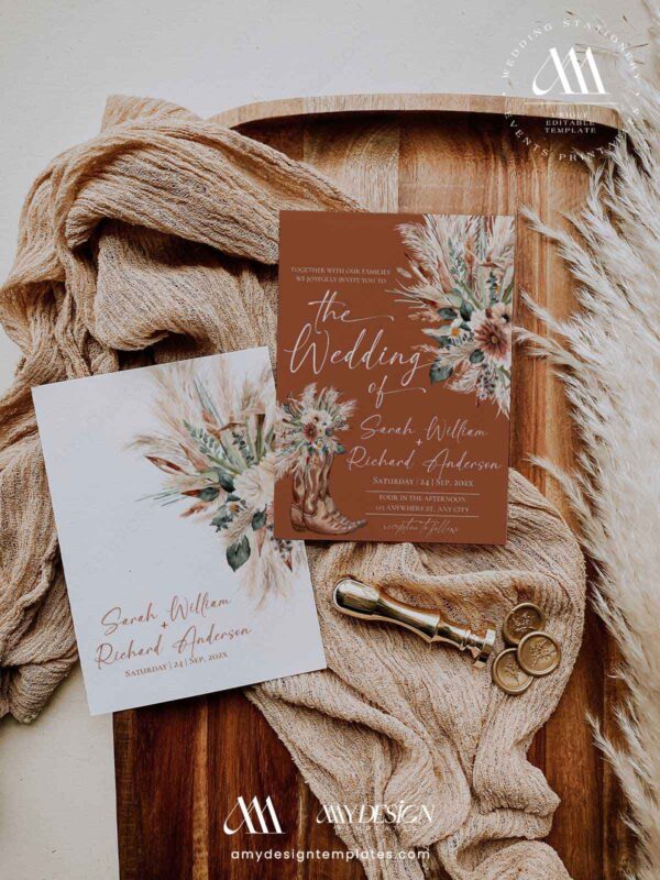 Boho Rust Cowboy Boot Wedding Invitation Template | Southwestern Terracotta Fall Wedding Invite Card