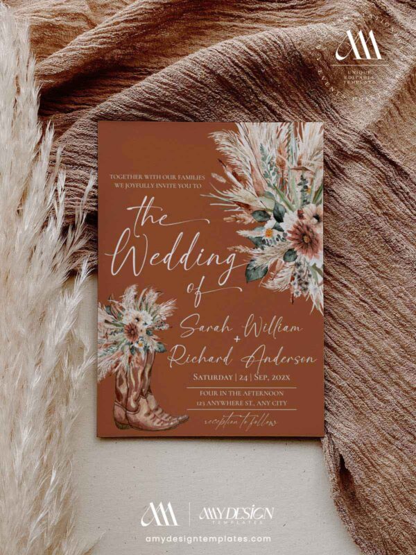 Boho Rust Cowboy Boot Wedding Invitation Template | Southwestern Terracotta Fall Wedding Invite Card Boho Rust Cowboy Boot Wedding Invitation Template | Southwestern Terracotta Fall Wedding Invite Card