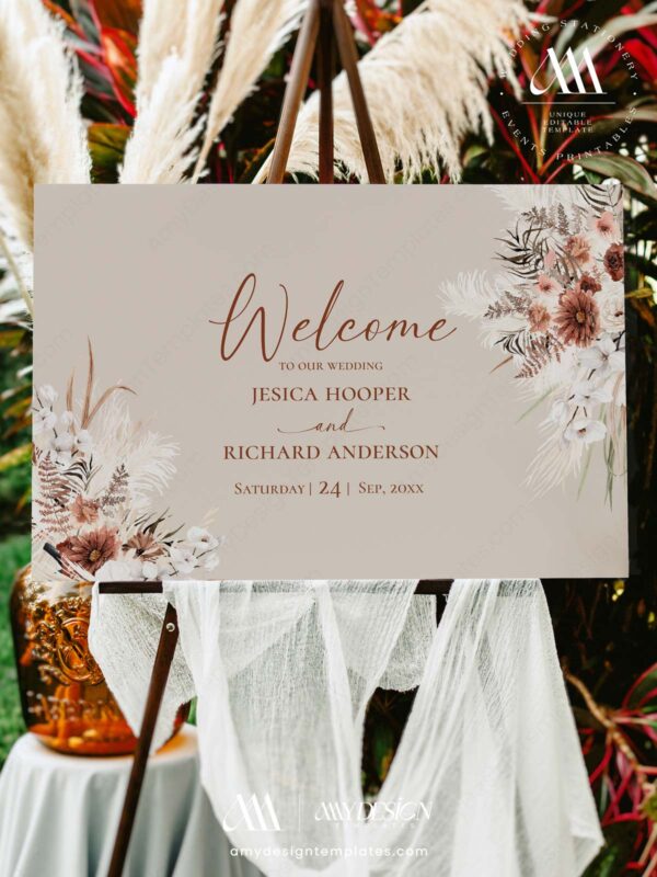 Rustic Boho Fall Wedding Invitations Template Bundle | Earthy Tan Wedding Stationery Printable Boho Fall Wedding Sign Template Printable | Bohemian Wedding Welcome Signage