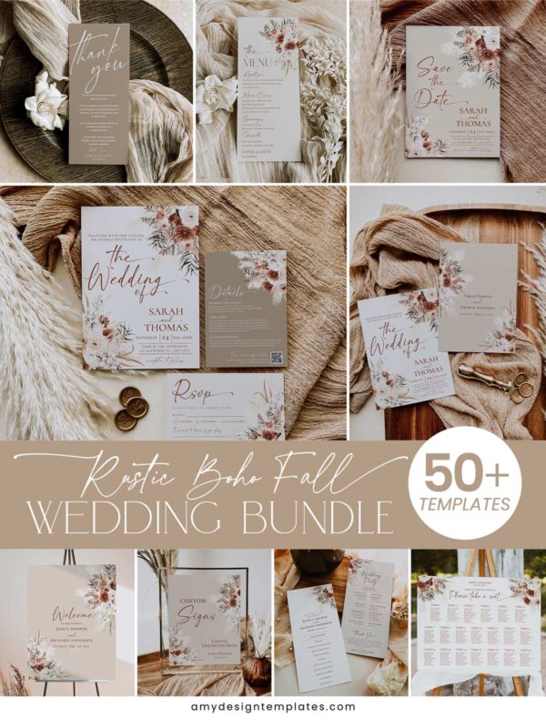 Rustic Boho Fall Wedding Invitations Template Bundle - 50+ DIY Printable Wedding Stationery Printable | Earthy Tan Bohemian Pampas Grass