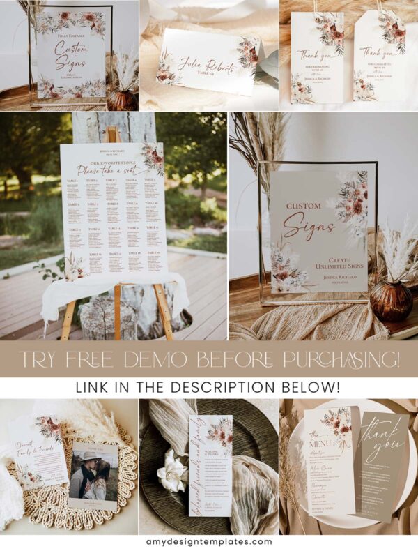 Rustic Boho Fall Wedding Invitations Template Bundle - 50+ DIY Printable Wedding Stationery Printable | Earthy Tan Bohemian Pampas Grass