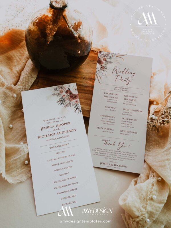 Rustic Boho Fall Wedding Invitations Template Bundle | Earthy Tan Wedding Stationery Printable Wedding Program Order Of Service 4x9 inches Rustic Boho Fall Wedding Template Bundle - 50+ DIY Printable Wedding Stationery Printable | Earthy Tan Bohemian Pampas Grass