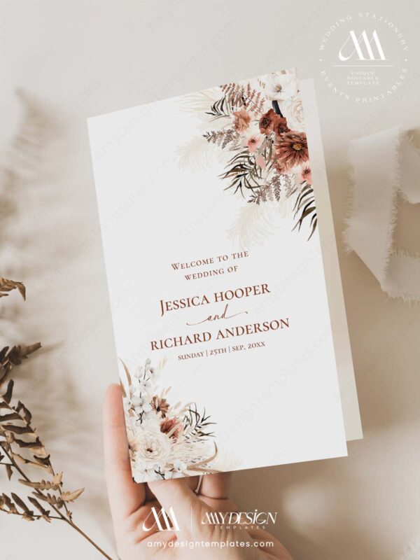 Rustic Boho Fall Wedding Invitations Template Bundle | Earthy Tan Wedding Stationery Printable Wedding Program Catholic Rustic Boho Fall Wedding Template Bundle - 50+ DIY Printable Wedding Stationery Printable | Earthy Tan Bohemian Pampas Grass