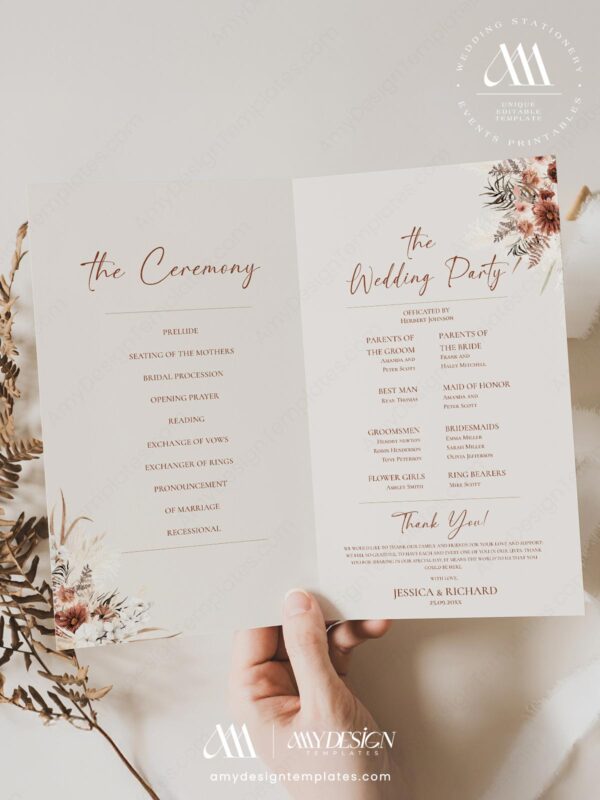 Rustic Boho Fall Wedding Invitations Template Bundle | Earthy Tan Wedding Stationery Printable E069 Rustic Boho Fall Wedding Invitations Template Bundle Catholic Program Order Of Service 3