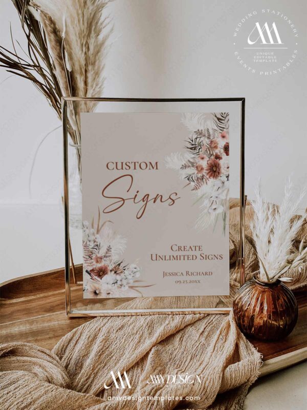 Rustic Boho Fall Wedding Invitations Template Bundle | Earthy Tan Wedding Stationery Printable Rustic Boho Fall Wedding Invitations Template Bundle - Custom Signs DIY Printable Wedding Stationery Printable | Earthy Tan Bohemian Pampas Grass
