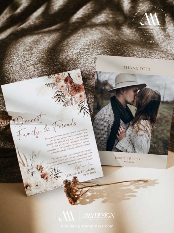 Rustic Boho Fall Wedding Invitations Template Bundle | Earthy Tan Wedding Stationery Printable Photo Thank You Card Rustic Boho Fall Wedding Template Bundle - 50+ DIY Printable Wedding Stationery Printable | Earthy Tan Bohemian Pampas Grass