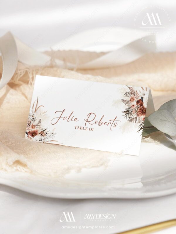 Rustic Boho Fall Wedding Invitations Template Bundle | Earthy Tan Wedding Stationery Printable Place Card Rustic Boho Fall Wedding Template Bundle - 50+ DIY Printable Wedding Stationery Printable | Earthy Tan Bohemian Pampas Grass