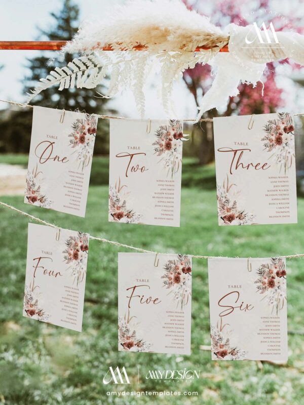 Rustic Boho Fall Wedding Invitations Template Bundle | Earthy Tan Wedding Stationery Printable Table Number Card Rustic Boho Fall Wedding Template Bundle - 50+ DIY Printable Wedding Stationery Printable | Earthy Tan Bohemian Pampas Grass