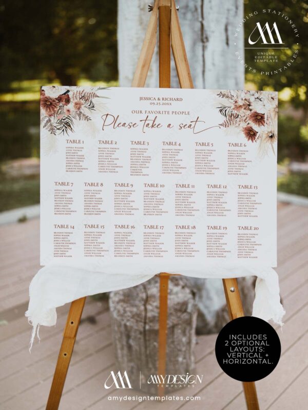 Rustic Boho Fall Wedding Invitations Template Bundle | Earthy Tan Wedding Stationery Printable Seating Chart Sign Rustic Boho Fall Wedding Template Bundle - 50+ DIY Printable Wedding Stationery Printable | Earthy Tan Bohemian Pampas Grass