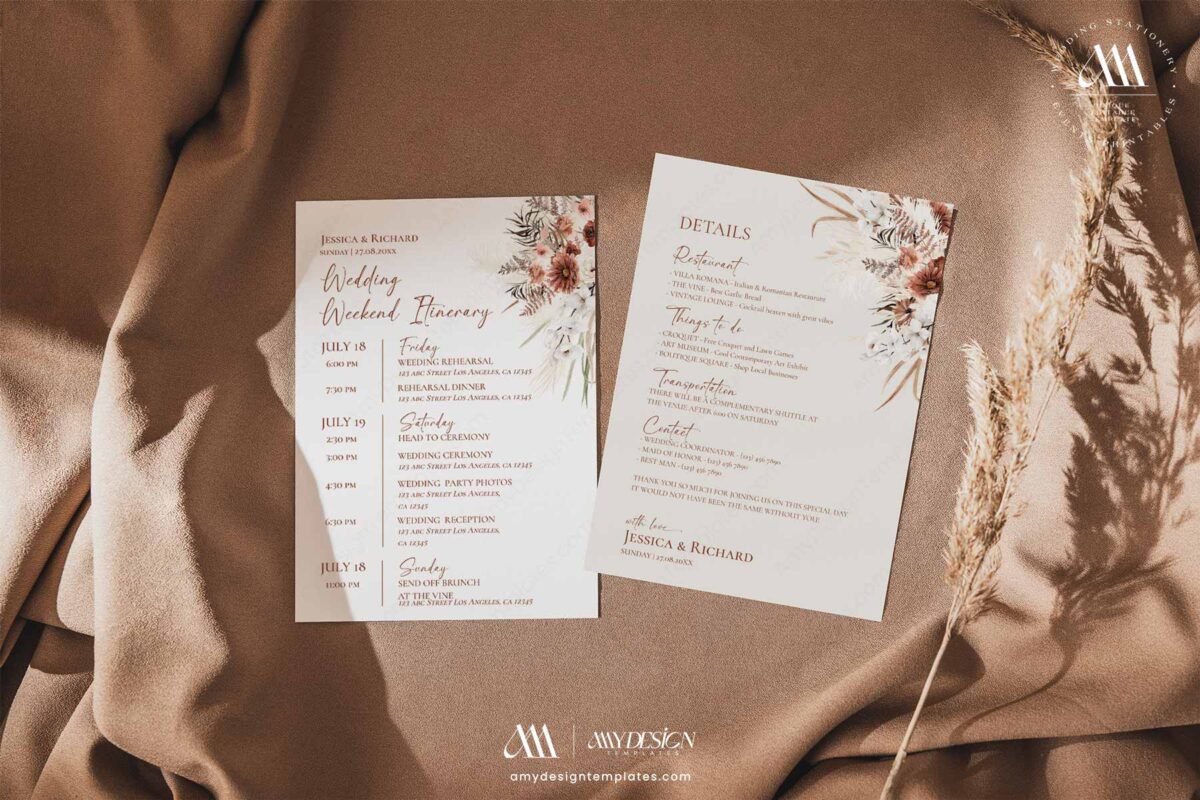 Rustic Boho Fall Wedding Invitations Template Bundle | Earthy Tan Wedding Stationery Printable Wedding Itinerary Rustic Boho Fall Wedding Template Bundle - 50+ DIY Printable Wedding Stationery Printable | Earthy Tan Bohemian Pampas Grass