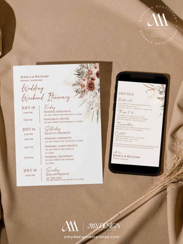 Rustic Boho Fall Wedding Invitations Template Bundle | Earthy Tan Wedding Stationery Printable Wedding Itinerary Rustic Boho Fall Wedding Template Bundle - 50+ DIY Printable Wedding Stationery Printable | Earthy Tan Bohemian Pampas Grass