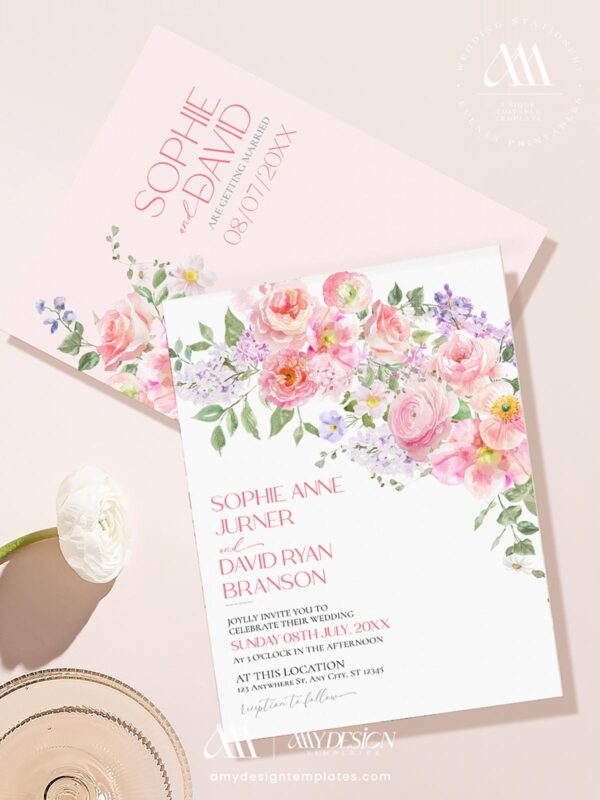 Pink Floral Wedding Invitation Template Set