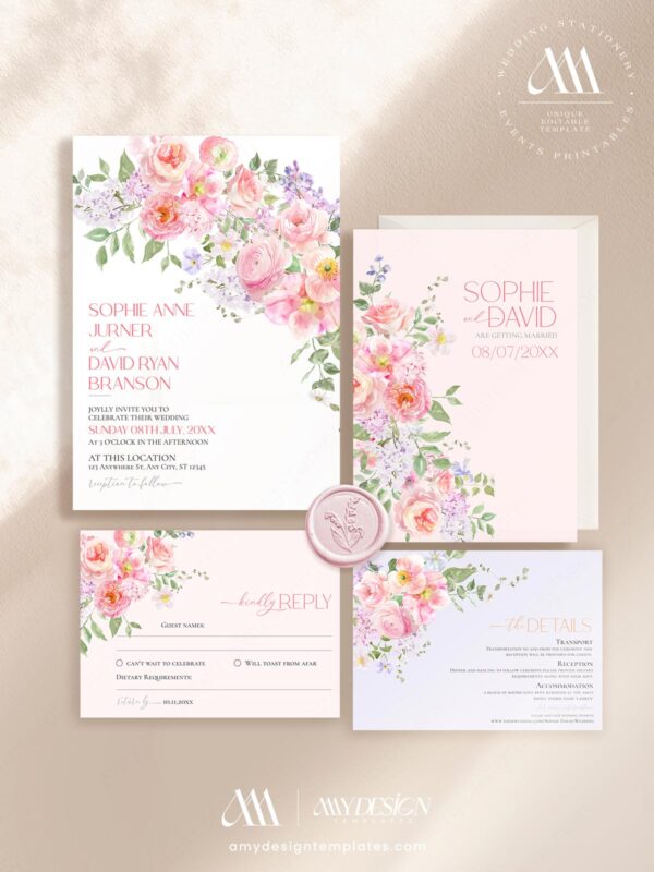 Pink Floral Wedding Invitation Template Set