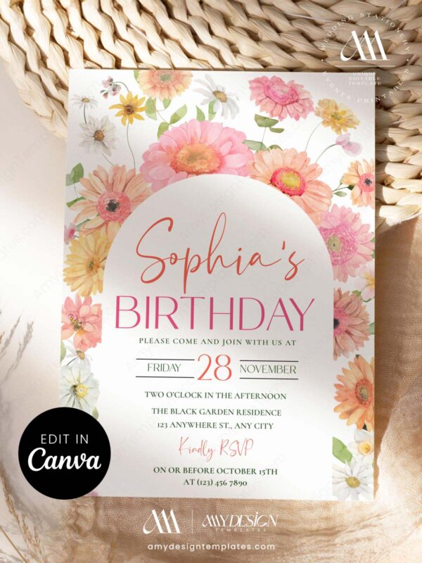 Elegant Floral Arch Birthday Brunch Invitation | Daisy Garden Girl Birthday Party Invite Card | Editable Canva Template